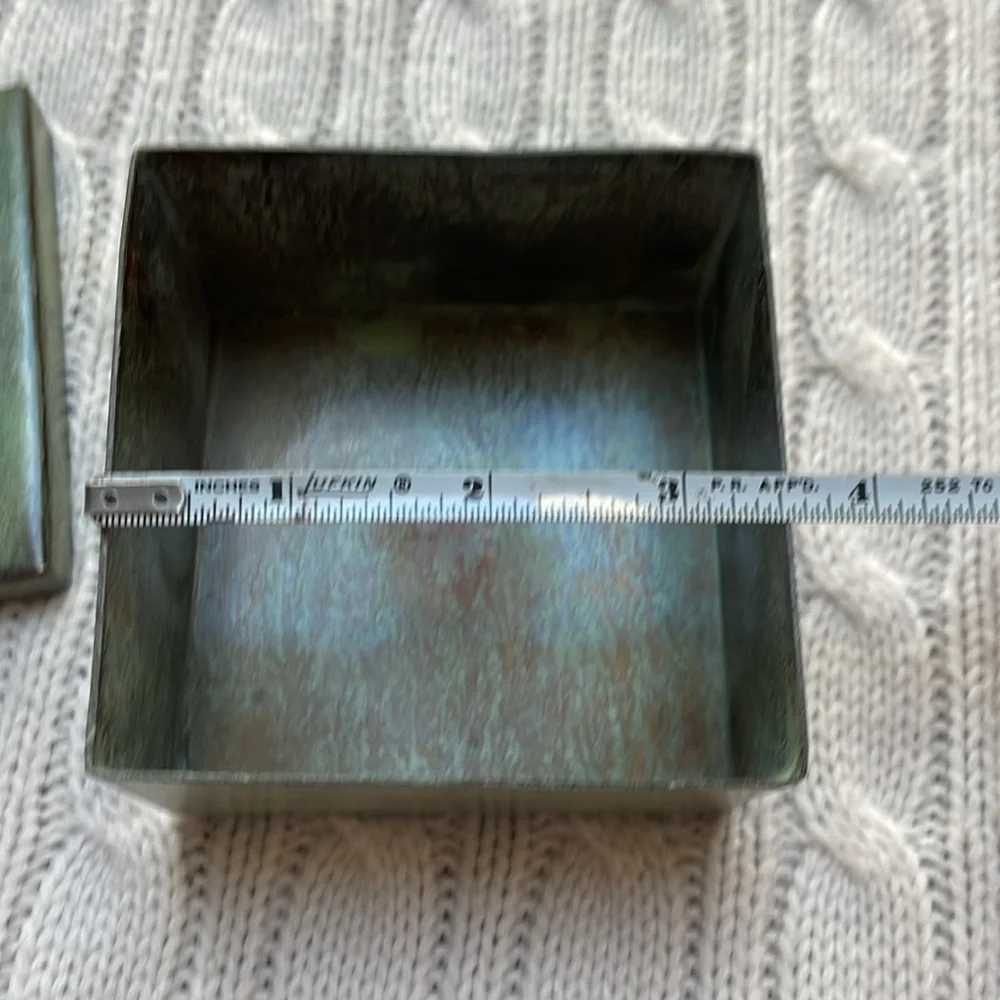 Metal dragonfly trinket box with lid 3.5” square 2” tall. Green painted finish